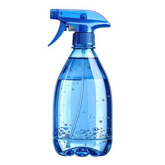 Clear plastic spray bottle, mostly filled with blue liquid, against a black background