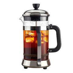 A glass and steel french press filled with iced tea and ice cubes, black handle