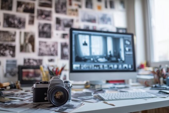 Classic camera on desk surrounded by photographs and computer in a creative workspace