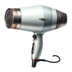 A detailed digital illustration of a white and silver hair dryer against a black backdrop