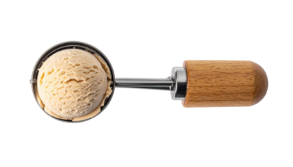 Ice cream scoop with beige ice cream on a black background