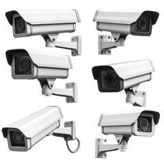 Set of six white security cameras, mounted on walls, varying angles, isolated