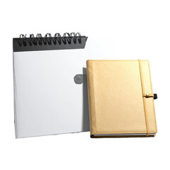 Two stationary items a spiral-bound pad and a closed, buckled leather notebook