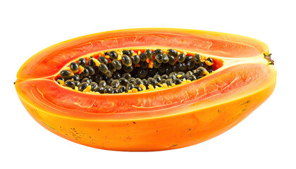 Cross-section of a papaya fruit, showing seeds and vibrant flesh