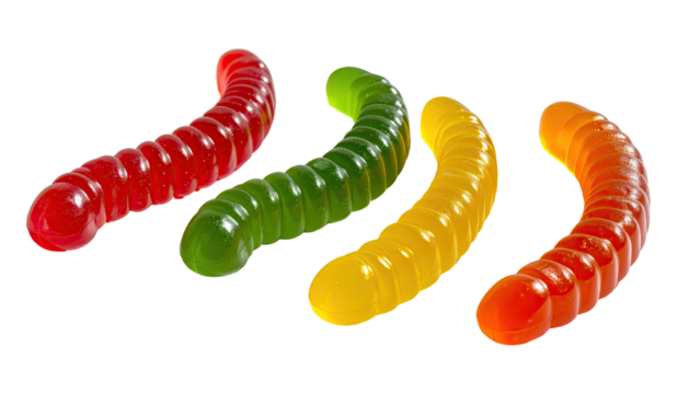 Four colorful, gummy worm candies against a black background