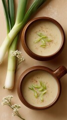 Begova Čorba (Bey’s soup) on a creamy beige background, dish from Bosnia and Herzegovina, minimalist food photo, template for social media, digital ads, web banner, mobile wallpaper, greeting cards