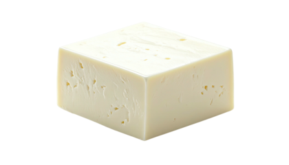 Creamy, square cheese cube with tiny holes