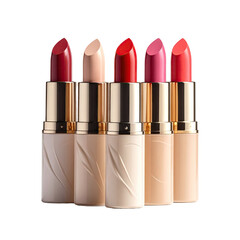 Five lipsticks displayed on a black background, various shades in gold tubes, centered
