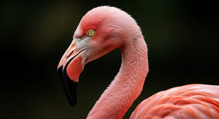 portrait of a pink flamingo against dark background