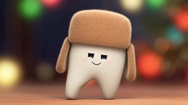 A shy tooth in a ushanka hat smiles timidly. Cute and relatable 3D character animation for various projects.