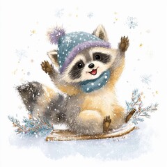 Cute Raccoon in Winter Hat and Scarf Playing in Snow – Adorable Christmas Illustration
