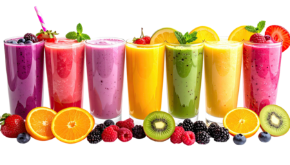 Row of colorful fruit smoothies in glasses, garnished beautifully