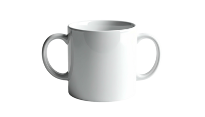 White ceramic mug with two handles on a dark, blurred background