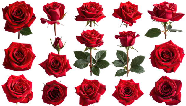 Collection of red roses in varying angles, against black