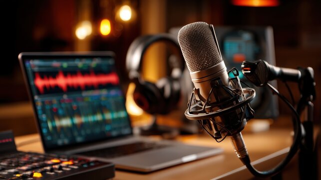 Professional microphone positioned on a recording desk with laptop headphones and audio equipment in studio setting