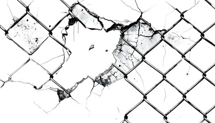 Broken chain-link fence with jagged hole. Black & white