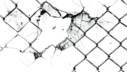 Broken chain-link fence with jagged hole. Black & white