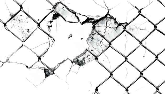 Broken chain-link fence with jagged hole. Black & white