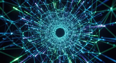 Glowing network tunnel with interconnected lines and nodes abstract art
