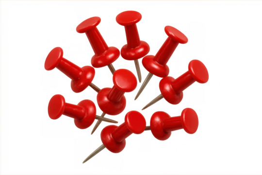 Red pushpins arranged in a circular configuration, resembling a virus or interconnected network. Transparent background - Powered by Adobe