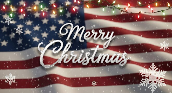 Merry christmas text over american flag with lights and snowflakes falling