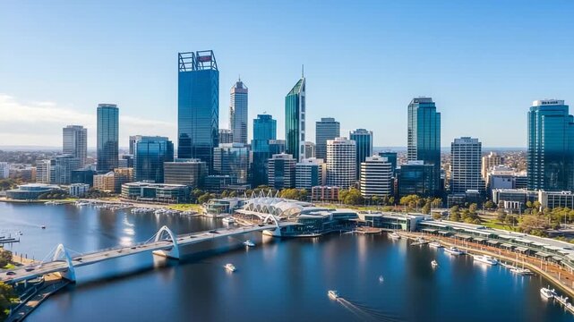 Perth skyline with swan river and matagarup bridge