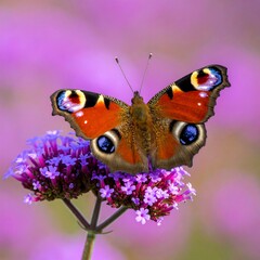 Vibrant butterfly perched on purple flower