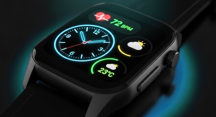 Close up of a smart watch displaying health and weather information