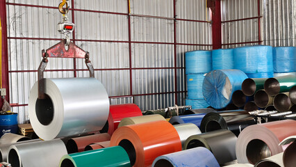 Industrial roll handling and storage warehouse metal sheets safe environment overhead view efficiency concept