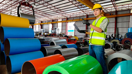Industrial worker inspecting colorful metal coils in manufacturing facility industrial setting productivity focus