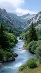 Obraz premium Rugged Mountain Valley with Winding River and Lush Green Trees Under a Cloudy Blue Sky