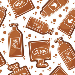 seamless pattern with a set of gingerbread cookies in the shape and design of cosmetic jars of different shapes placed randomly, for web design, stickers, branding and decor