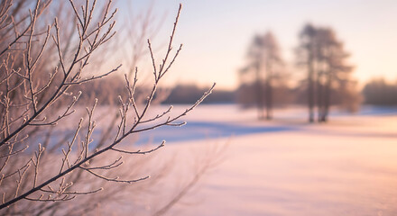 Obraz premium Close-up of frosty tree branches during a cold winter sunrise over a snow covered field