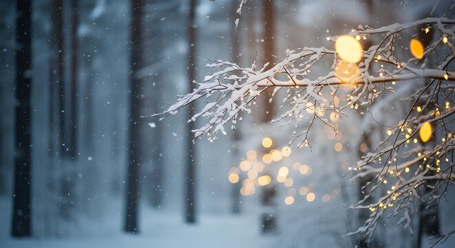 A snowy forest scene with illuminated branches in the foreground view