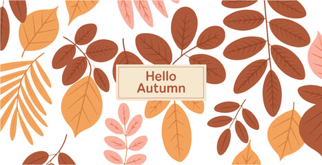 Autumn leaves vector background pattern with Hello Autumn text on a dark backdrop for seasonal design