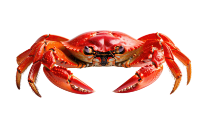 Cooked red crab, claws extended, isolated on black background