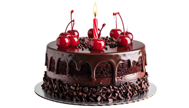 Rich chocolate cake dripping glaze, cherries, lit candle