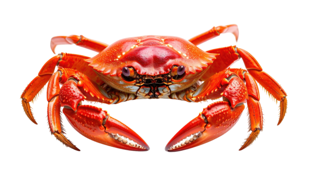 Symmetrical red crab on black background, facing forward