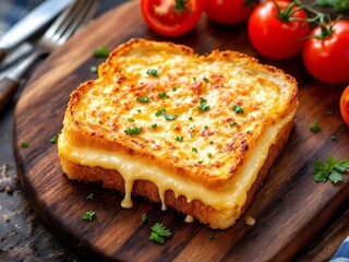 Golden grilled cheese sandwich with melted cheese and tomatoes