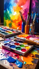 Fototapeta premium Vibrant art supplies on a wooden table