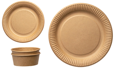 Brown, corrugated paper plates and bowls, eco-friendly tableware