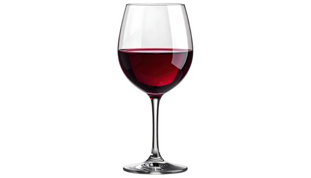 Crystal glass containing dark red wine on stark black background