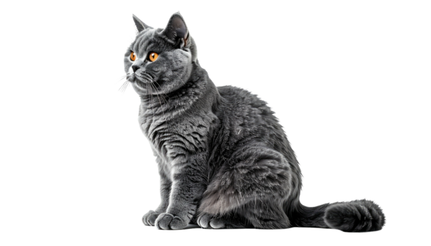 Gray cat sits, alert, with yellow eyes against black backdrop