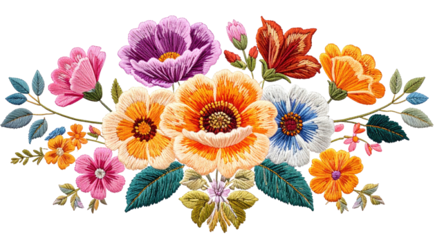 Embroidered floral bouquet; colorful, intricate stitchwork design