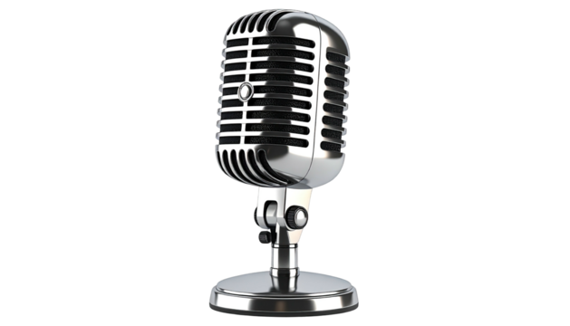 Shiny chrome retro microphone on a black background - Powered by Adobe