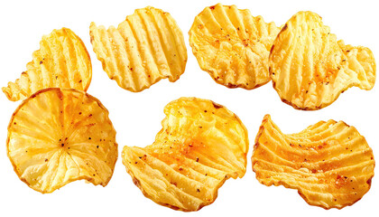 Crispy, golden, ridged potato chips scattered against black void