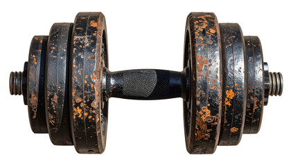 Heavy dumbbell with weighted plates and textured grip isolated