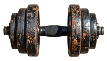 Heavy dumbbell with weighted plates and textured grip isolated