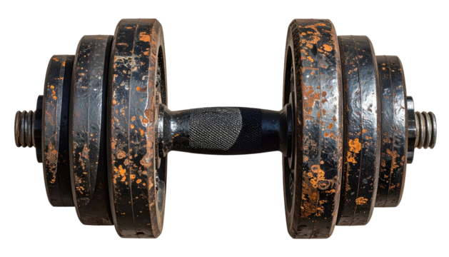 Heavy dumbbell with weighted plates and textured grip isolated