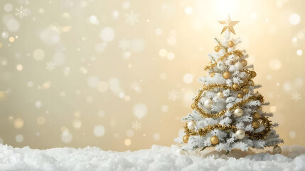 Elegant Christmas tree adorned with golden ornaments and glistening garland creating a festive holiday atmosphere, perfect for seasonal greetings or winter promotions